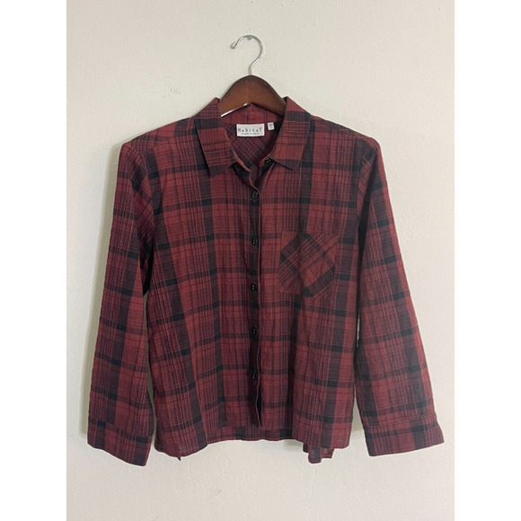 Habitat S Shirt Maroon & Black Plaid Button Down Casual Top Blouse Relaxed Fit - Picture 1 of 7